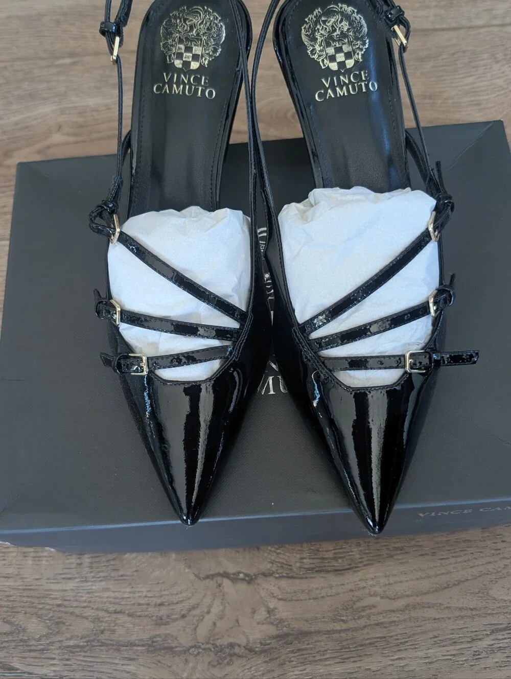 Vince Camuto Black Patent Pointed Slingback Pumps with Sculpted Block Heel